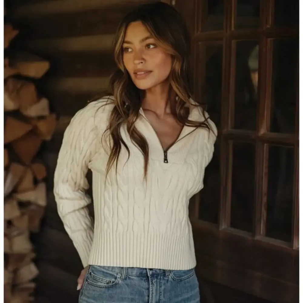 The Normal brand Cream Cable‎ Knit Quarter Zip Sweater
